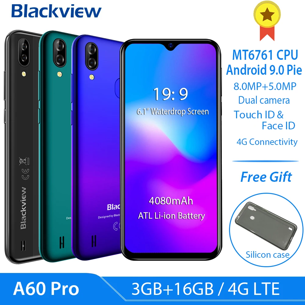 Blackview A60 Pro 4080mAh Смартфон 6.088 "Waterdrop Screen Двойная задняя камера Мобильный телефон 4G LTE Android 9.0 3 ГБ ОЗУ