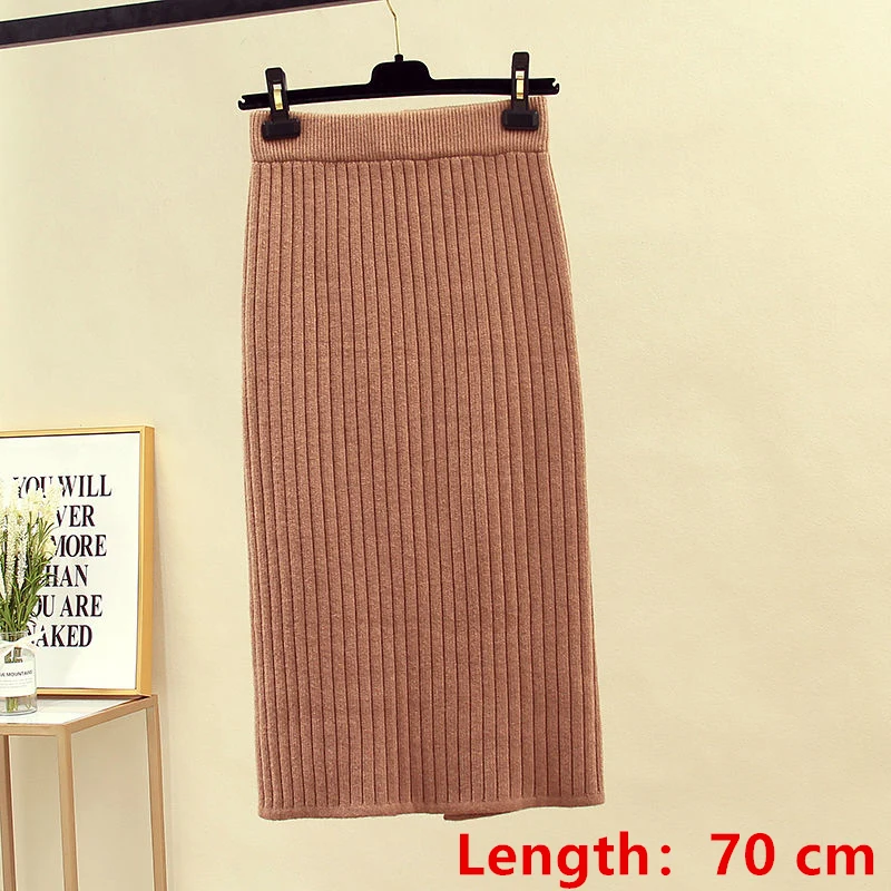 khaki-length 70cm 60-70 см эластичные женские юбки осень зима теплая трикотажная прямая юбка ребристая юбка средней длины черная - Цвет: khaki-length 70cm
