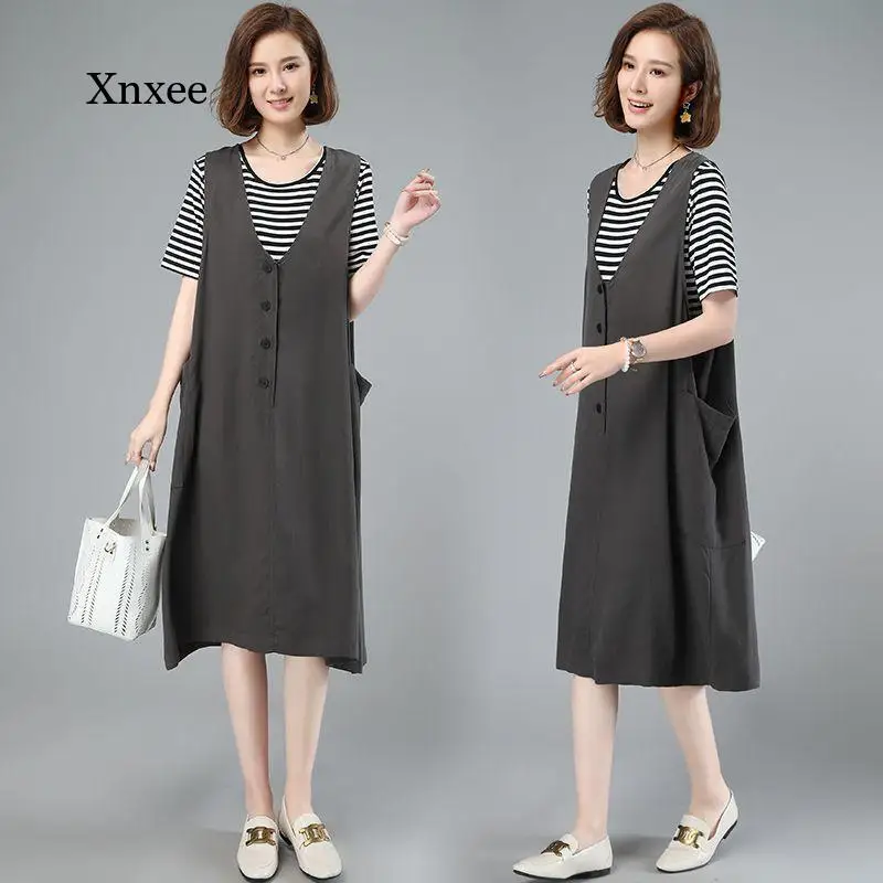 

New Two Piece Suit Spring Summer Striped Top Strap Dress Outfits Women Plus Size Sundress o Neck Shirt Vintage Oversized Overall