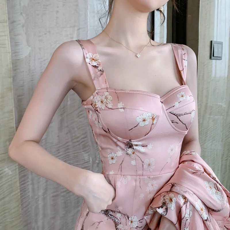 

Europe Famous Brand Designer Casual Elegant Two Piece Set for Ladies Print Floral Blazer Coat and Sexy Slip Dress Women 2 Piece
