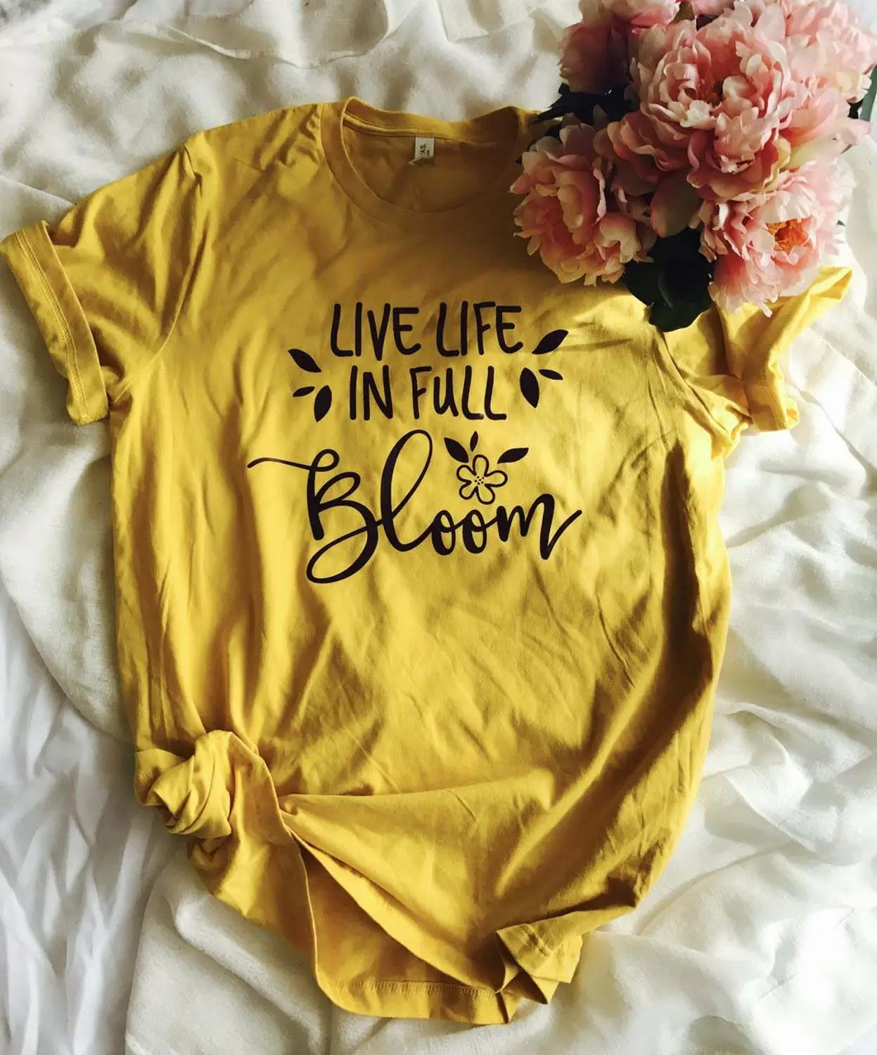 Mustard- black txt Live life in full bloom Весенняя вдохновляющая футболка горчичный желтый Графический лозунг милый подарок юная уличная одежда футболки хлопковые топы - Цвет: Mustard- black txt