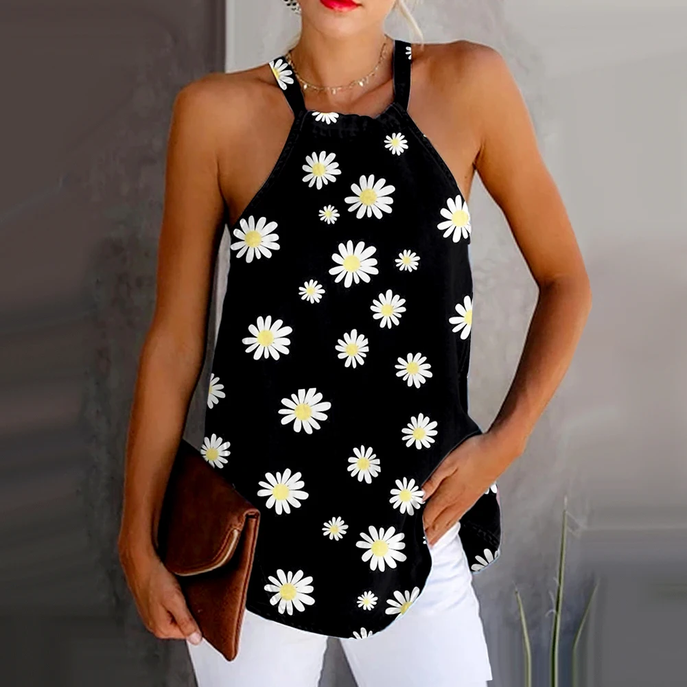 

Women Casual Sleeveless Marguerite Print Halter Camisole Cotton Linen Loose Top Suitable Blusa Holgada Sin Mangas