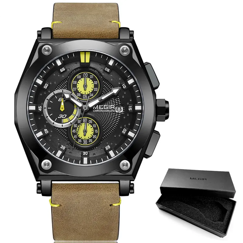 ML2098G-Black Мужские кварцевые часы Megir с коричневым кожаным ремешком, спортивные наручные часы с хронографом для мужчин 3 АТМ, водонепроницаемые армейские часы 2098, черные - Цвет: ML2098G-Black