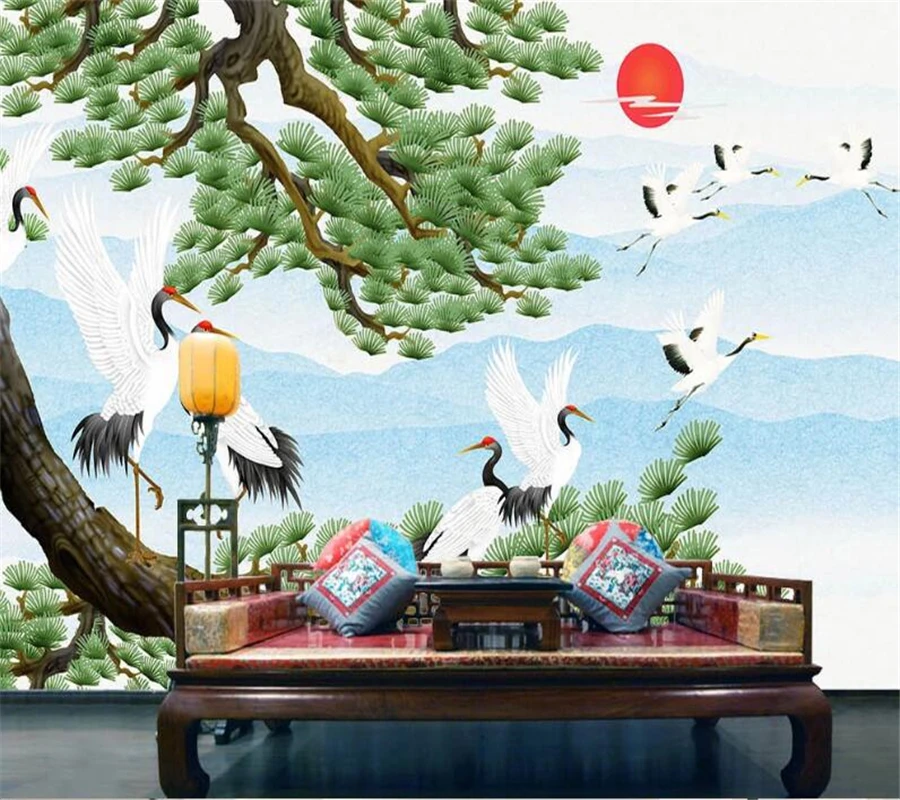wellyu Customized large-scale mural environmental protection new Chinese style cloud in white crane TV background wallpaper |