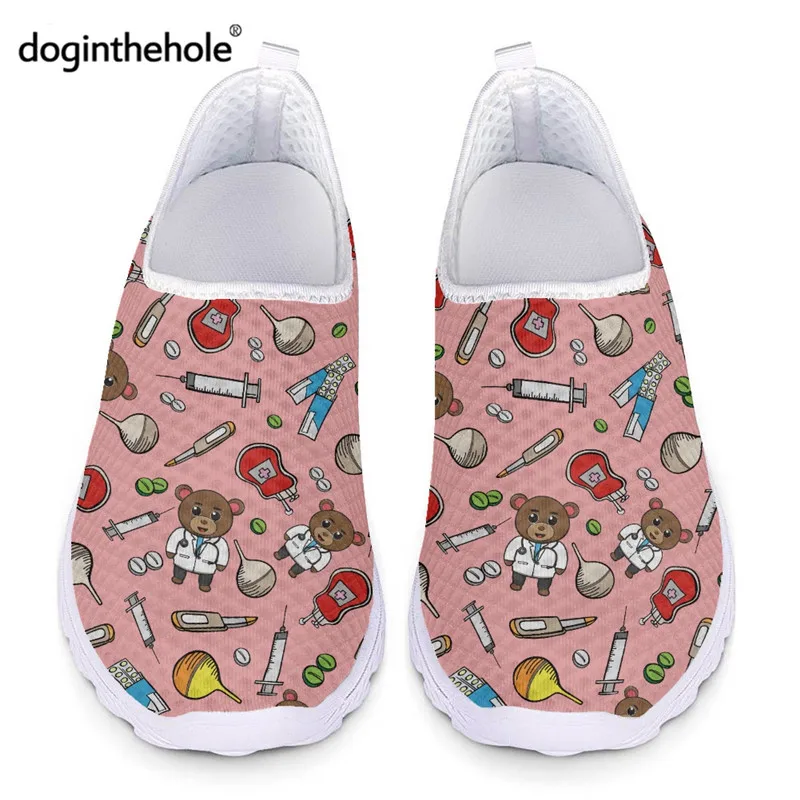 

Cute Cartoon Nurse Flat Shoes Women Pet Medical Brand Design Summer Air Mesh Sneakers Veterinary Print Casual Slip-on Loafers