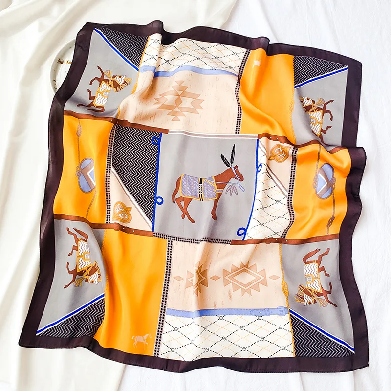 

New 70cm Small Square Scarf Silk Scarf Ladies Scarf Professional Bib Scarf Color Matching Plaid Horse Print Shawl
