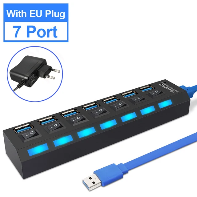 7 Port Black With EU Usb-концентратор 3,0 4/7 порт Micro USB 3,0 концентратор разветвитель с адаптером питания мульти USB C Hab высокоскоростной 5 Гбит/с Тип C 3 переключатель концентратора для ПК - Цвет: 7 Port Black With EU