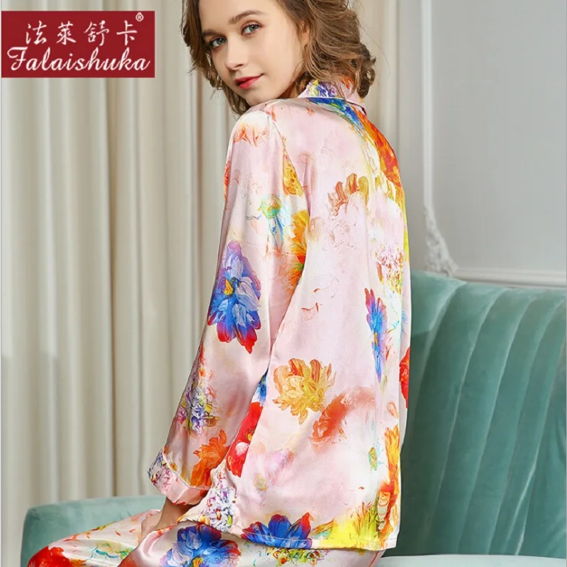 Silk Pajamas Set Foral Print Lady Full Sleeve sleepwear Silk Stain Homewears Sleepwears Pyjama Set Sexy Fashion Home Wear XL
