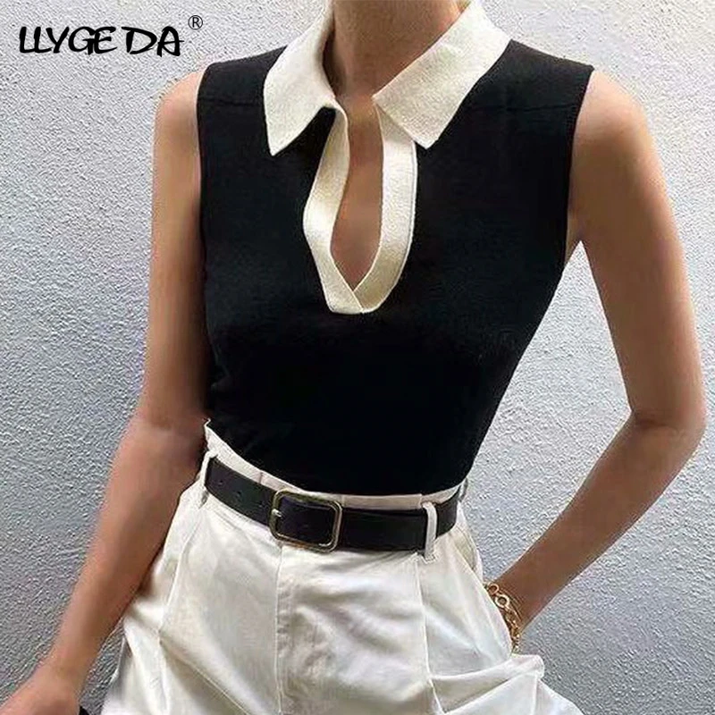 Контрастный воротник поло вязаный свитер жилет женские винтажные Жилеты для