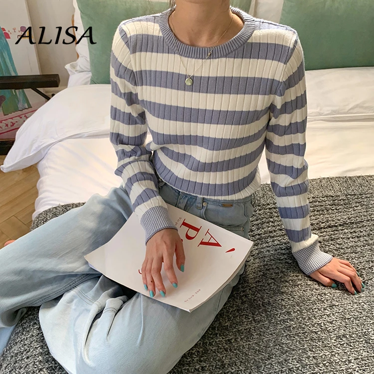 

New Women Korean Stripe Crop Sweater Spring Autumn Casual Long Sleeve Knitted Sweater Woman Vintage Pullover Tops Fall Clothes