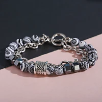 new 2021 black white stone bracelet homme double chain link stainless steel beaded bracelets bangle male jewelry