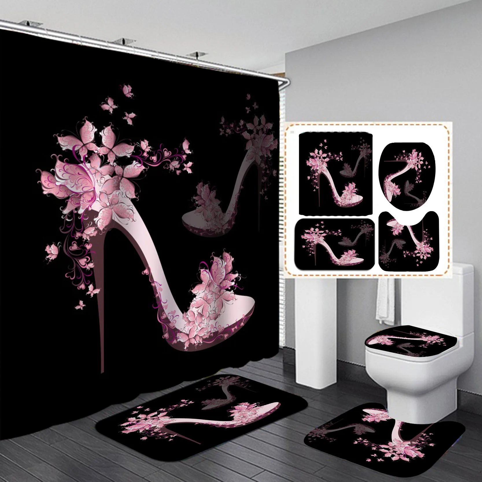 red high heels print shower curtains set cosmo lady style waterproof bath mats rugs for bathroom soft lid cover home decoration free global shipping