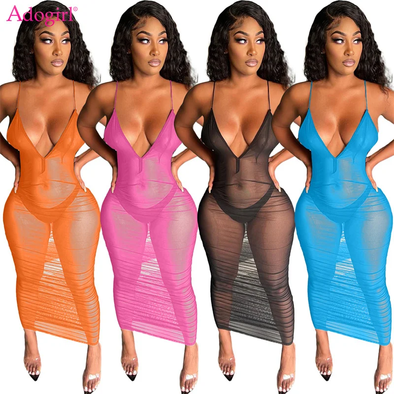 

Adogirl Women Sexy Sheer Mesh Spaghetti Straps Stacked Maxi Dress Deep V Neck Sleeveless Pleated Slim Bodycon Night Club Outfits