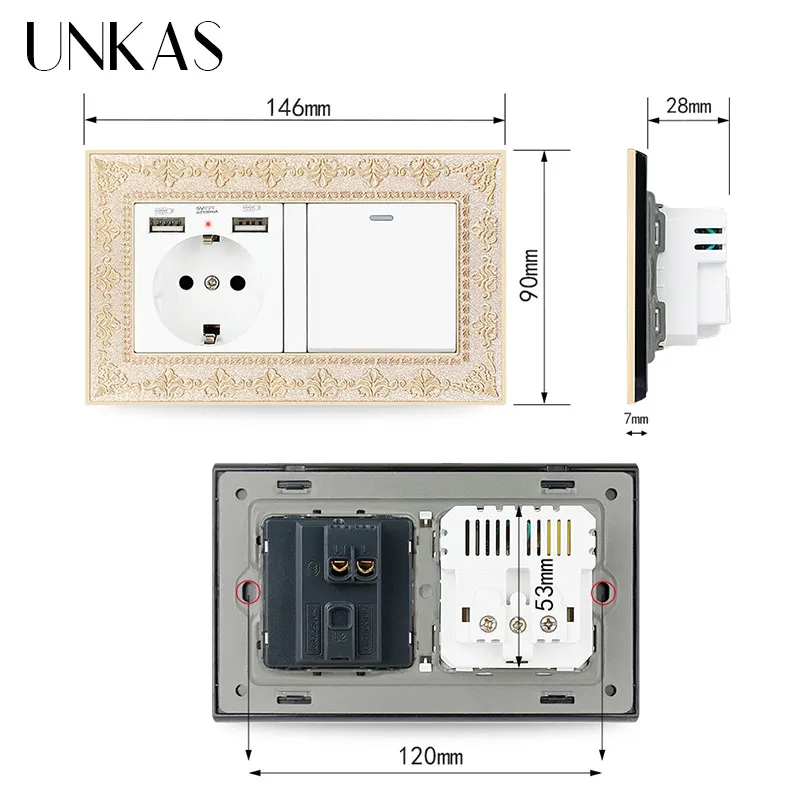 UNKAS 4D Zinc Alloy Metal Panel EU Socket Dual USB Port + 1 2 3 4 Gang / Way On Off Light Switch Embossing Retro Frame | Обустройство