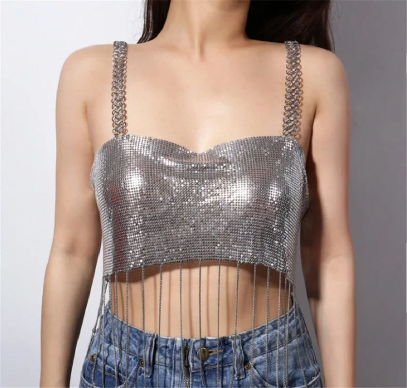

New Fashion Lady Night Club Sexy Vest Dazzling Beading Slip Tassel Crop