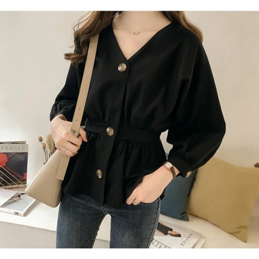 

Draw back Buttons Women Shirt M-4XL V-neck long sleeve Polyester shirt female Casual Korean Fashion Solid Work shirt women