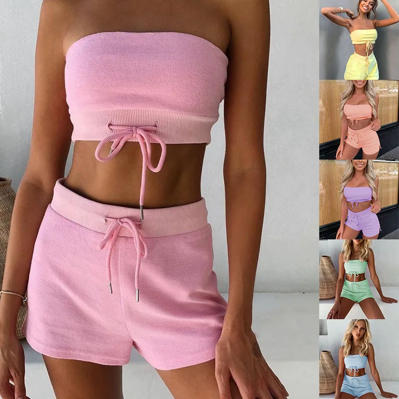 

Women Summer Strapless Crop Top and Shorts 2 Piece Set Tie Hoodie Casual Outfit