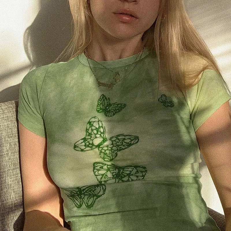 

butterfly Green Crop Top y2k aesthetic T Shirt Short Sleeve O Neck Pullovers Women Harajuku Cute Tee Summer Retro 90s clothes