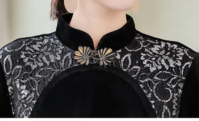 

Fall Winter Chinese Style Womens Lace Patchwork Wine Red Black Velvet Cheongsam Dress , Female Woman Slim Velour Dresses