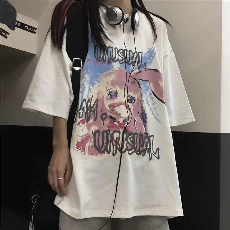 

Harajuku Anime T-shirt with Prints Summer Special Printed Japanese Streetwear Fashion Women Korean New Summer Kawaii White Top