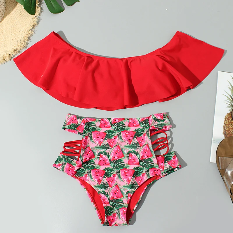 Женский купальник с высокой талией бикини оборками и цветочным принтом