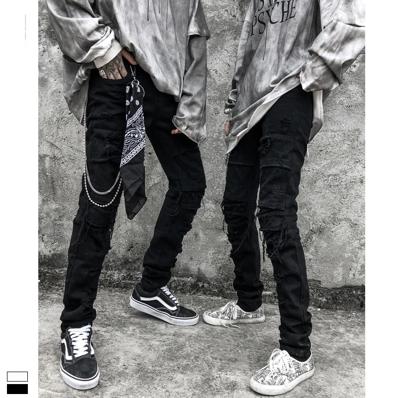

High Street Men's Ripped Jeans Hip Hop Straight Skinny Pants Streetwear Black Casual Couple Denim Trousers Fashion Men Clothing