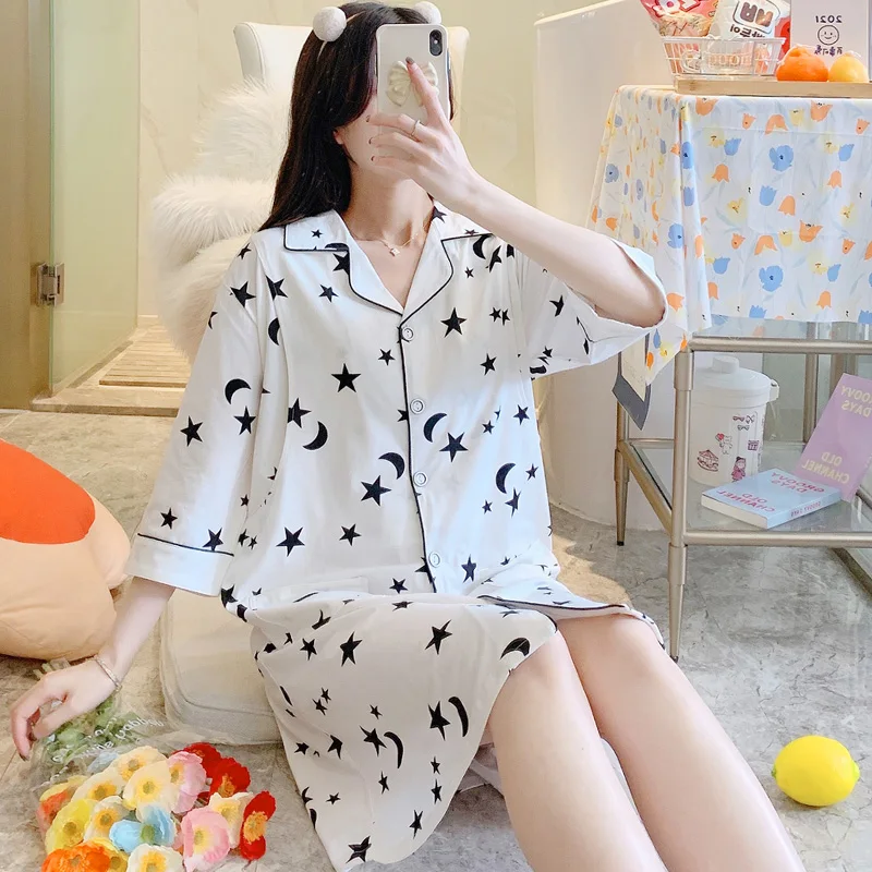 

Summer White Print Cotton Maternity Nursing Night Dress Breastfeeding Sleepwear for Pregnant Women Pregnancy Home NIghtwear