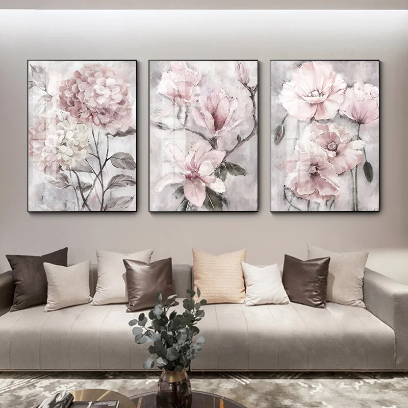 

3 Panel Nordic Flowers Pink Floral Posters Wall Art Pictures HD Canvas Home Decor Accessories Paintings Living Room Decoration