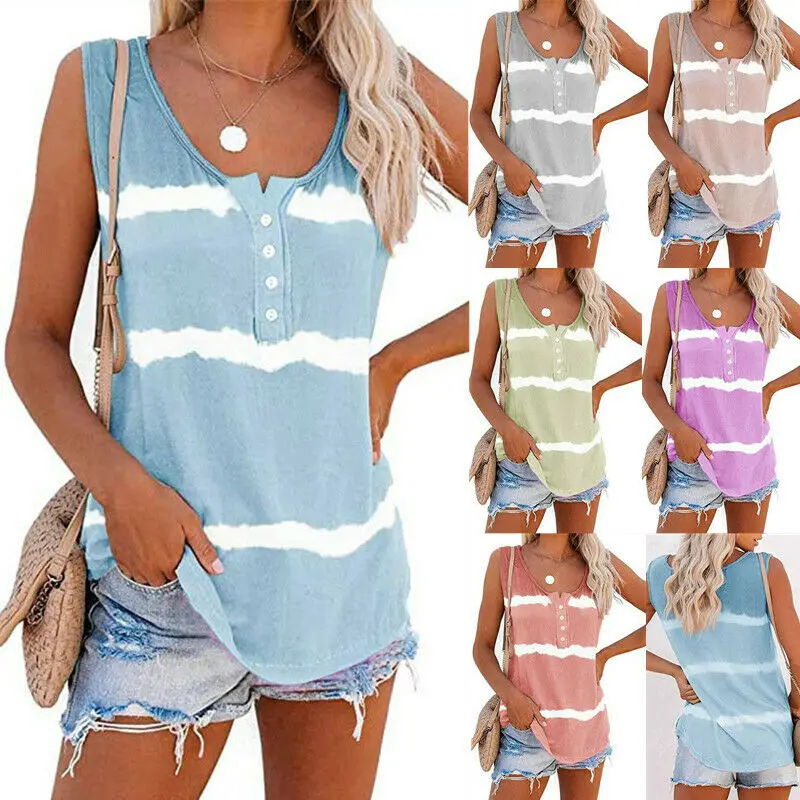 

Women Sleeveless Tops Vest Striped Tie Dye Loose Beach T-Shirts Blouse Basic Tee