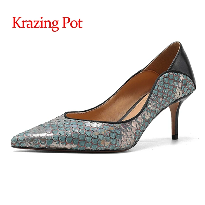 

Krazing Pot fish skin special design pointed toe thin high heels young lady streetwear shallow slip on fashion women pumps L5f1
