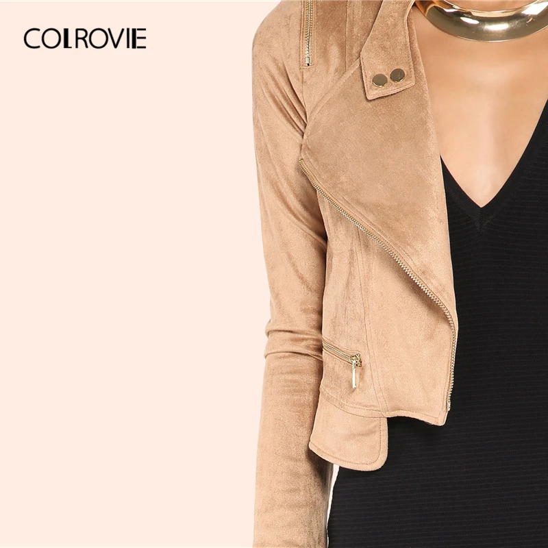 COLROVIE Camel Suede Moto куртка Женская мода осень уличная Женская молния укороченный байкерская куртка однотонная Повседневная Верхняя одежда