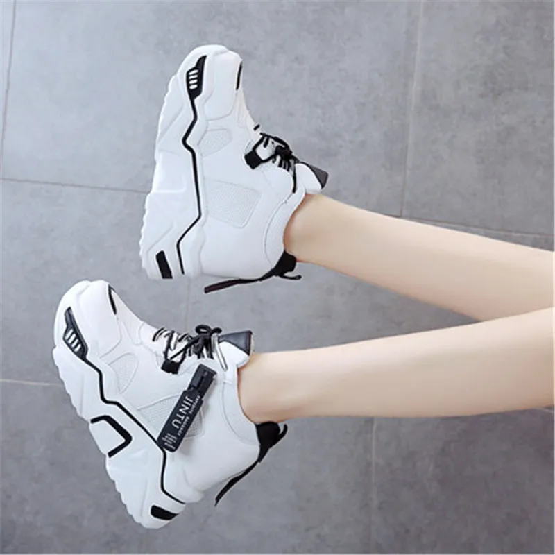White Womens Sneakers Trainers Platform Wedges Chunky Sneakers Black Sneakers Women Casual Shoes Woman Baskets chaussures femme - Color: White