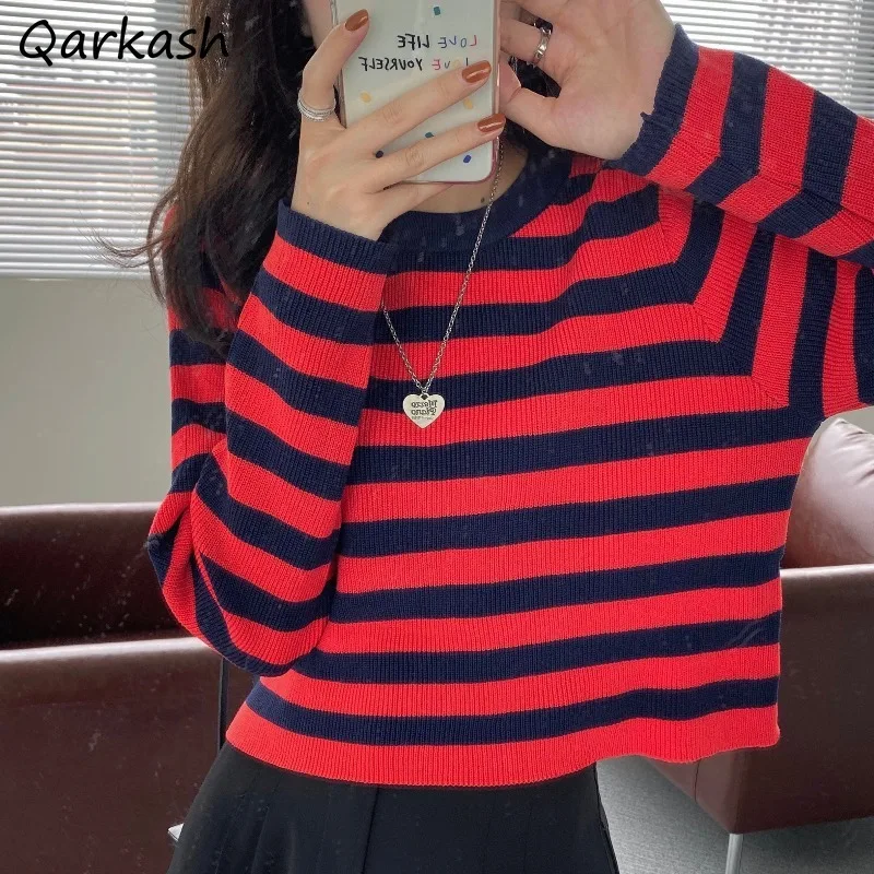 

Long Sleeve T-shirts Knitted Striped Simple New Clothes Tops Fashion Ulzzang All-match Teens Harajuku O-Neck Casual Cropped Tees