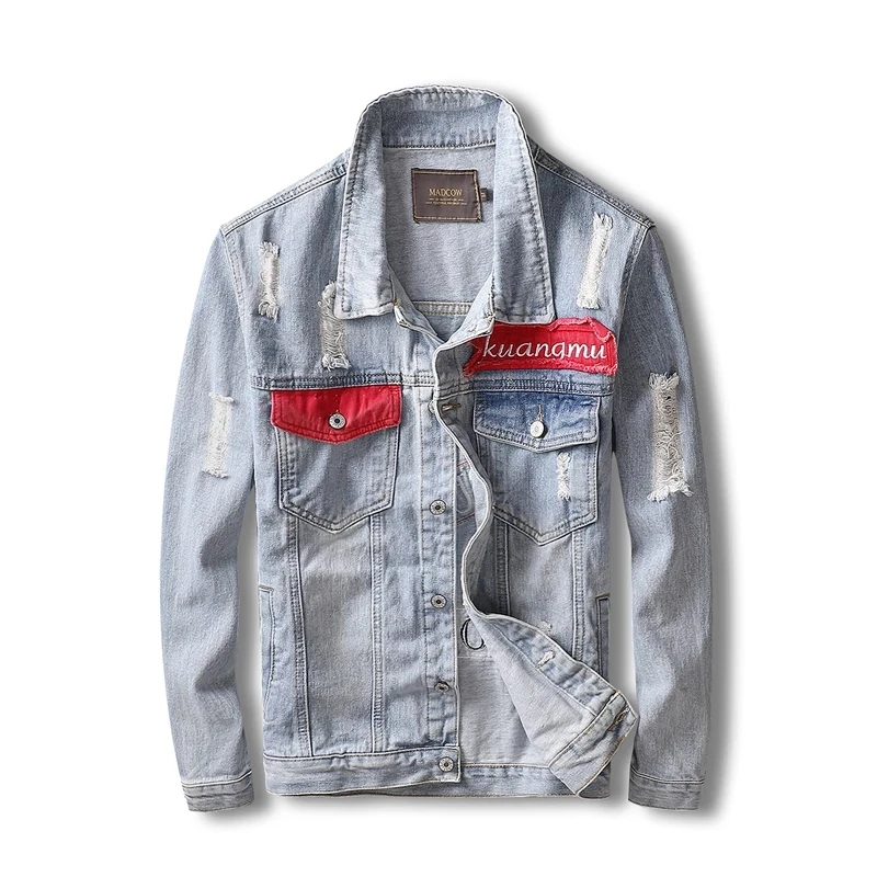 

2021 New Fashion Men's Denim Jacket Patches Designer Retro Light Blue Ripped Coats Denim Jackets Streetwear Hip Hop Coat Hombre