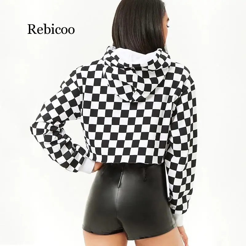 Осенняя Толстовка Harajuku Женская толстовка женские черные белые клетчатые