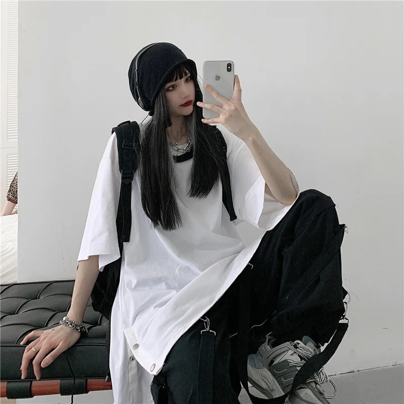 

100% Cotton Men T-Shirt Split Fork Design Harajuku Oversized Summer Short Sleeve Top Tee Korean Woman Punk Streetwear Cool Boys