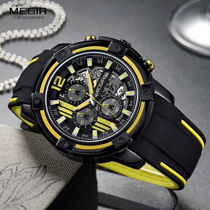 Megir Waterproof Black Silicone Strap Men's Quartz Watches Chronograph Sports Army Military Wristwatch for Man Clock Hour Timer