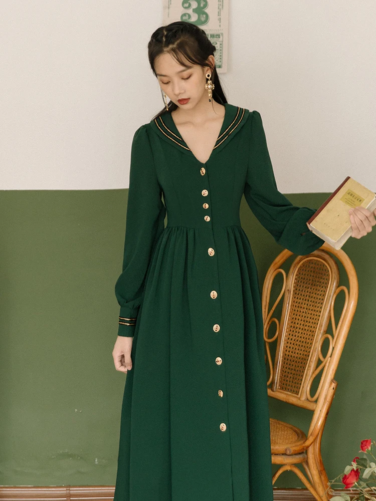 

Vintage Sailor Collar Green Dress For Slim Women Retro Elegant Lady Long Sleeve Empire Casual Formal Dresses Vestidos Faldas