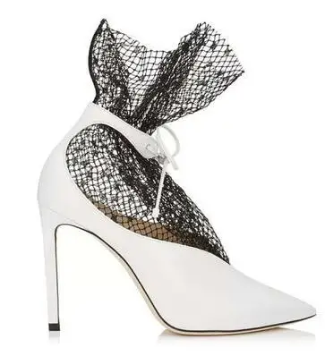

Woman Black White Suede Stiletto Banquet Dress Pointed Toe Single Shoes Female Lace Tie Short Tube Shallow Mouth Wedding Pumps