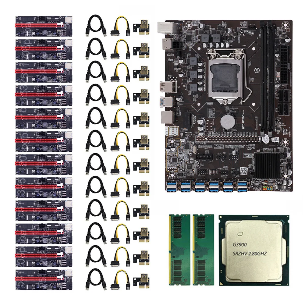 

Материнская плата для майнинга B250C BTC 12P + процессор G3900 + память 2x DDR4 4 ГБ/8 ГБ + адаптер 12x009S для компьютера LGA 1151 USB3.0 SATA, набор материнских плат д...