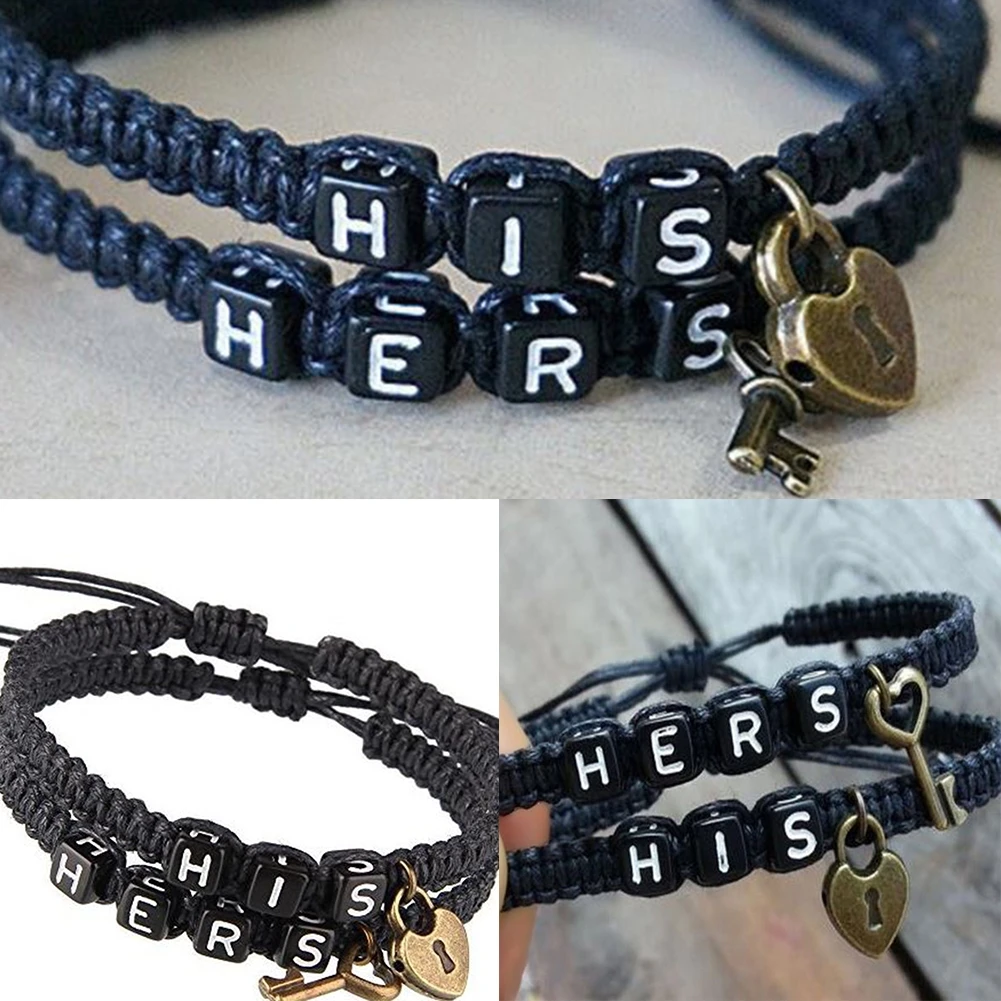 

2PCS/Set Key Lovers Boyfriend Girlfriend Jewelry Knot Valentines Gift Key Lock Bracelets his her Gift Couples Adjustable Letters