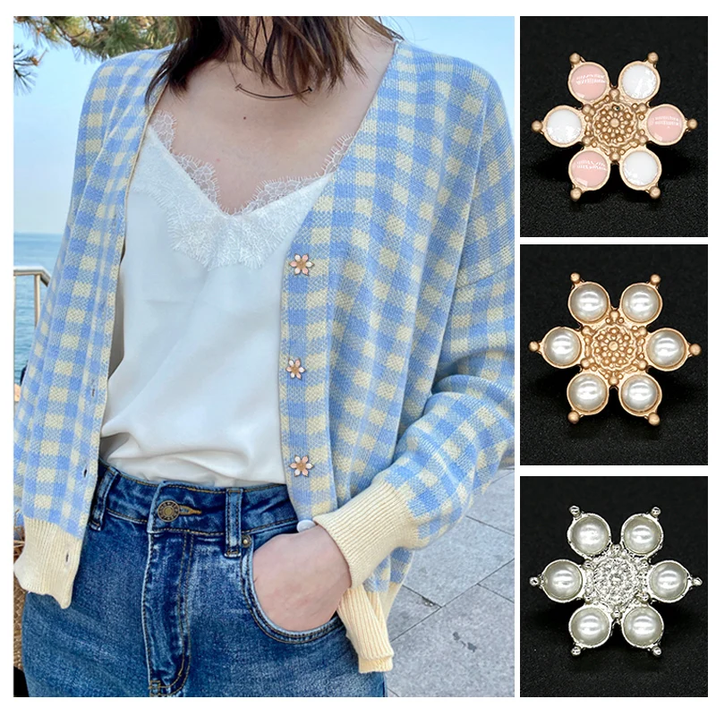 6 шт. цветочных пуговиц жемчужное золото металл бриллианты декоративная одежда