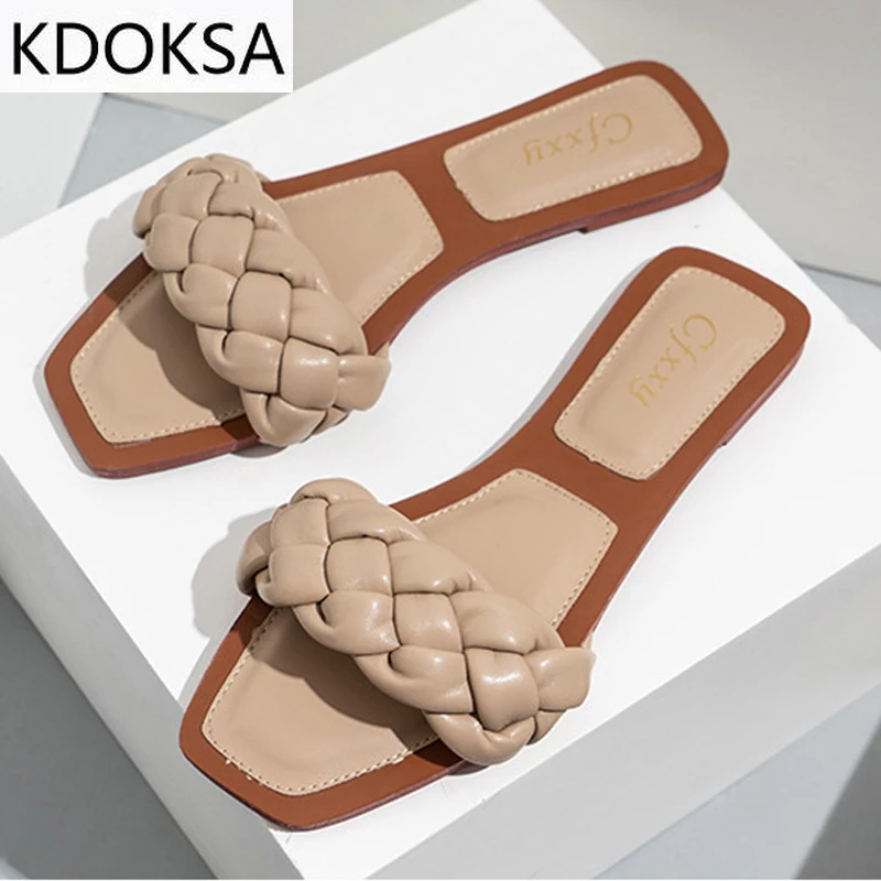 

2021 Woven Slippers Women Slip On Slides Fashion Brand Square Toe Leather Flat Sandals Female Outdoor Casual Slippers Flip Flops