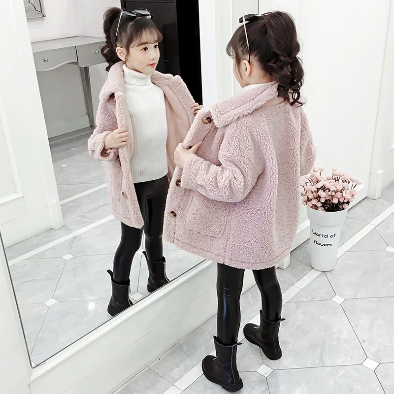 

2021 Beautiful Girl Spring Jacket Long Toddler Child Warm Coat Lambswool Outwear Teenage Clothes Green Pink High Quality