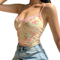 2021 summer sexy new womens fashion slim floral contrast color halter mesh lace double layer camisole short vest night club top