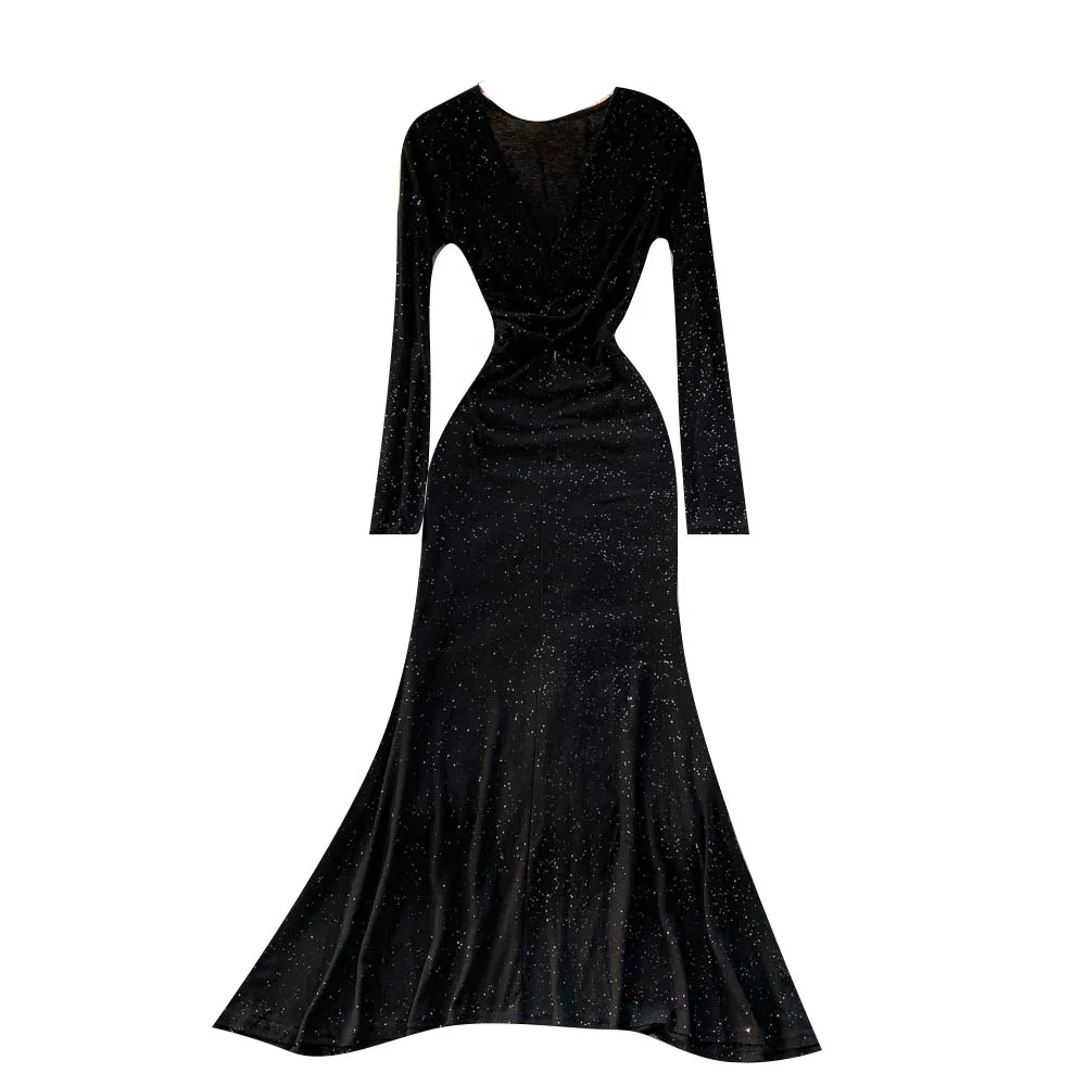 

Платье женское однотонное с длинным рукавом, V-образным вырезом