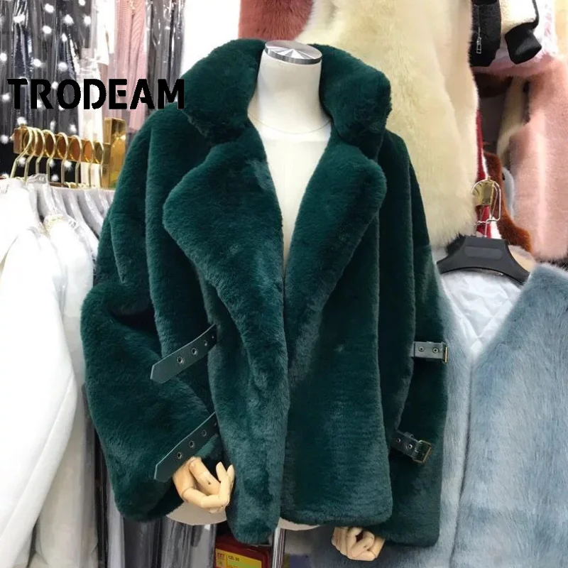 

Женское меховое пальто средней длины TRODEAM, свободная повседневная шуба из искусственного меха кролика рекс с длинными рукавами, зима 2021