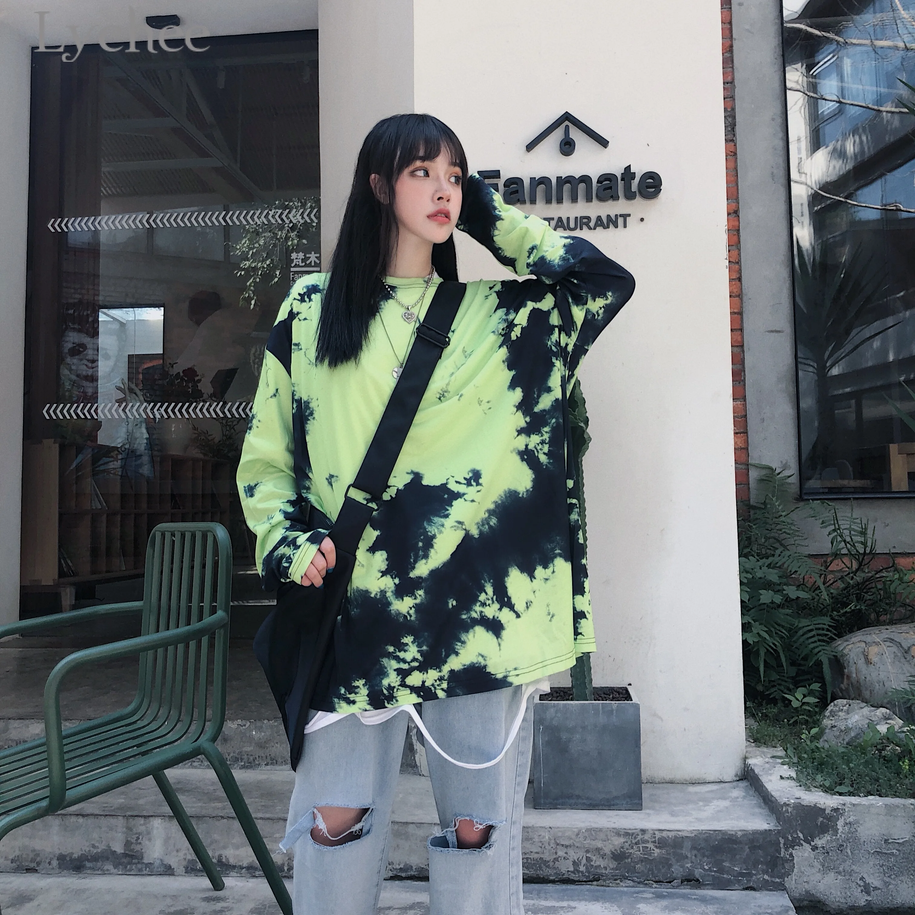 

Lychee Harajuku Green Tie Dyeing Gradient Women Top Tees T Shirt Long Sleeve Loose Lady T Shirts Crew Neck Women T-shirts