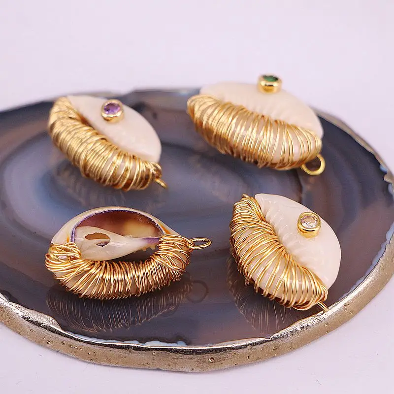 

10Pcs Wire Wrapped Cowrie Shell With Cz Charm Connector Natural Cowrie Shell Pendant Findings Jewelry Supplies