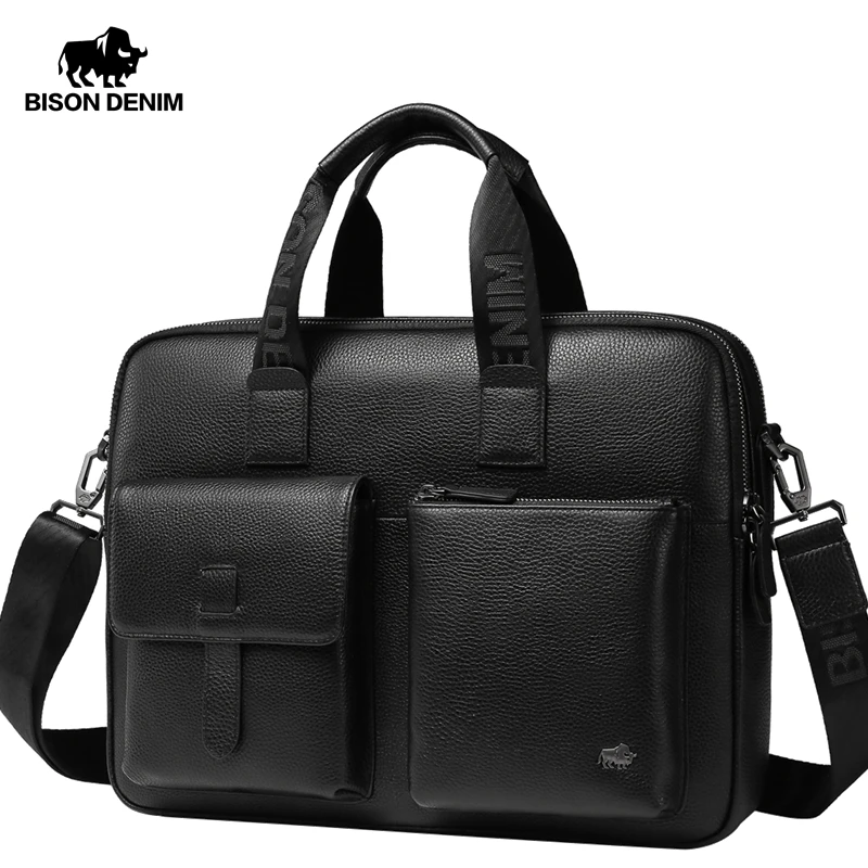 Bison Denim Brand Men Bag Genuine Leather Handbag Male 14 inch laptop Bag Briefcase Classic Black Crossbody Shoulder Bag
